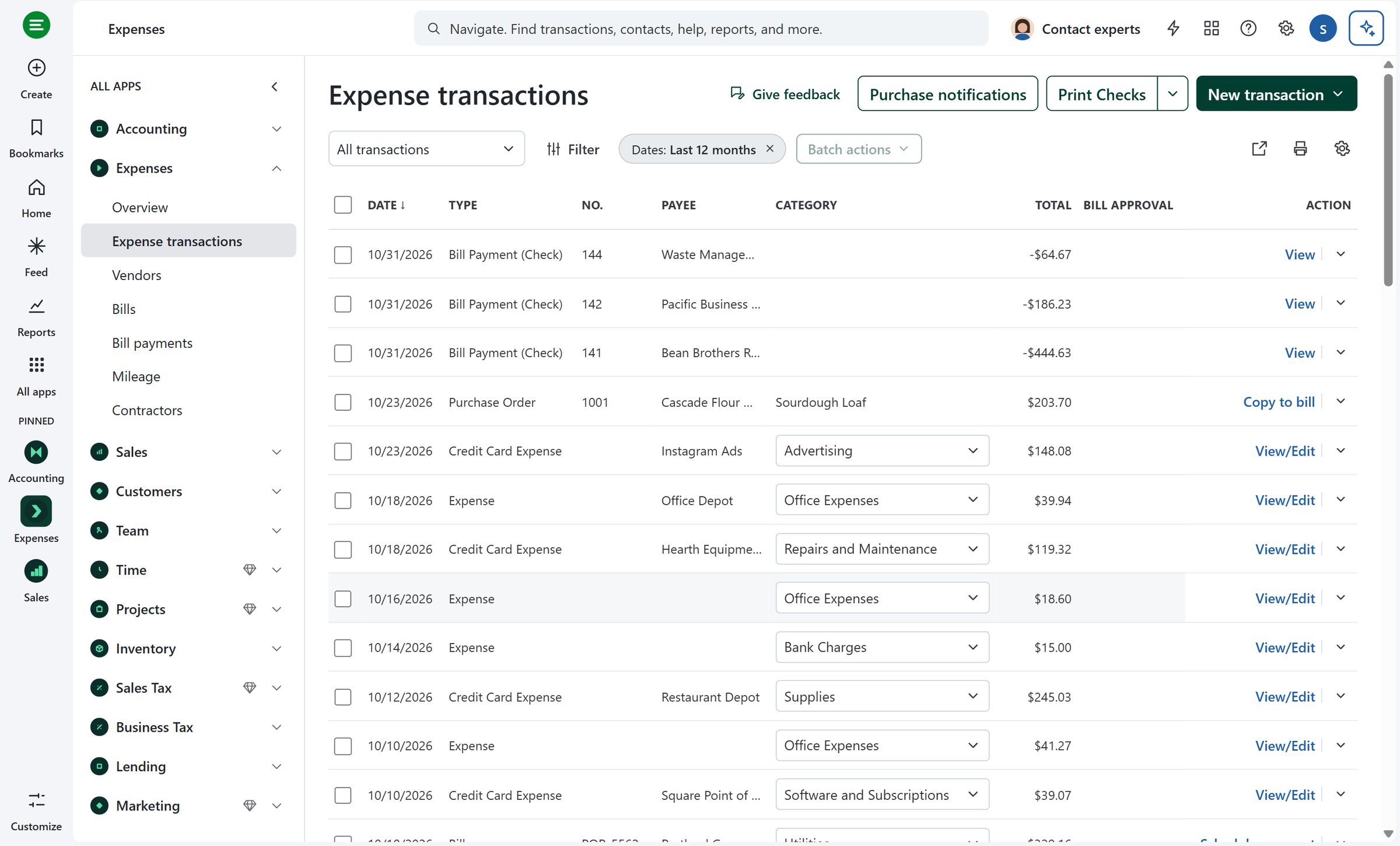 Cheery Books expense transactions list with bills, checks, purchase orders and categorized card expenses