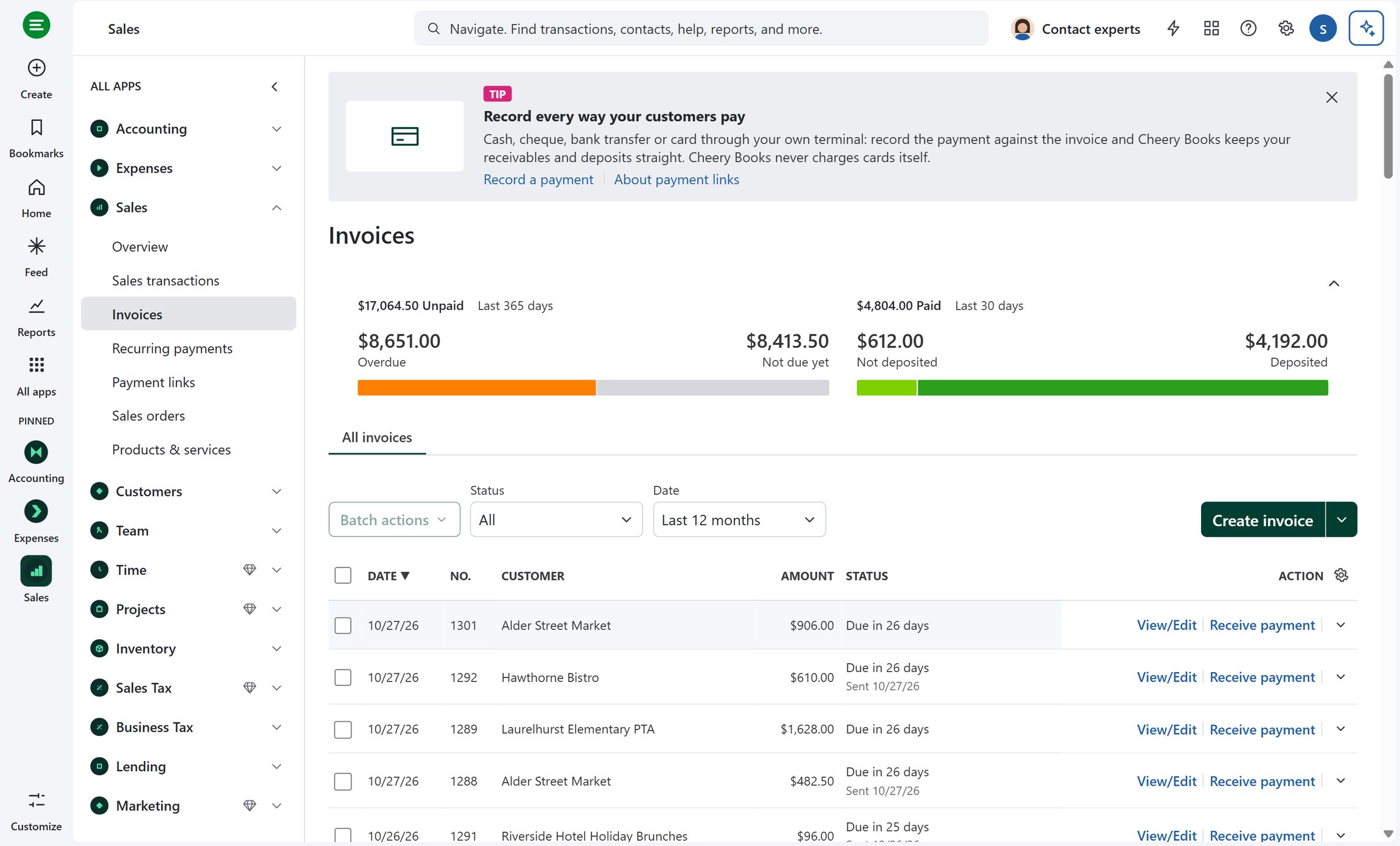 Cheery Books invoices screen with overdue, not-due, not-deposited and deposited totals and a list of customer invoices
