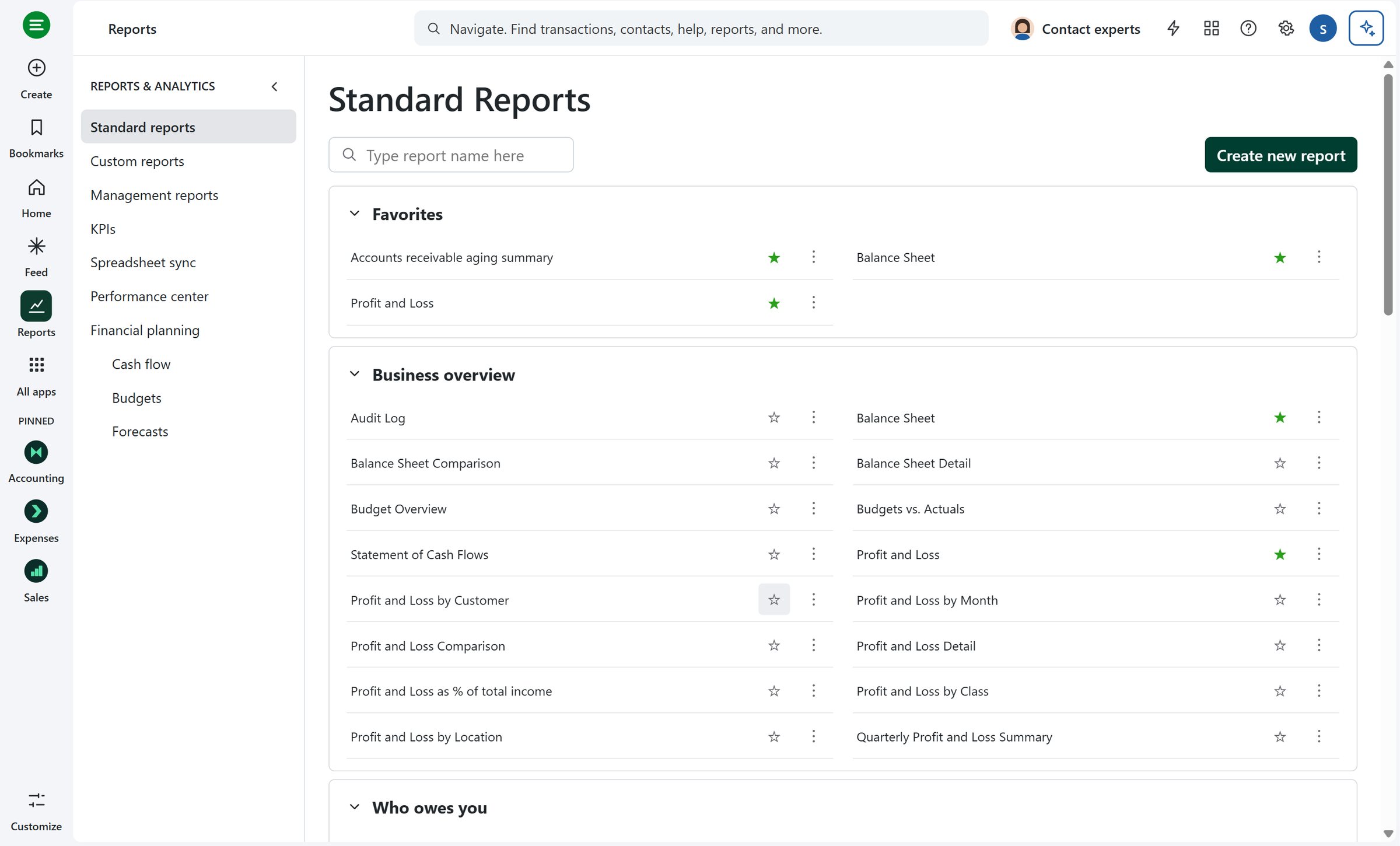 Cheery Books standard reports list with profit and loss, balance sheet and cash flow reports